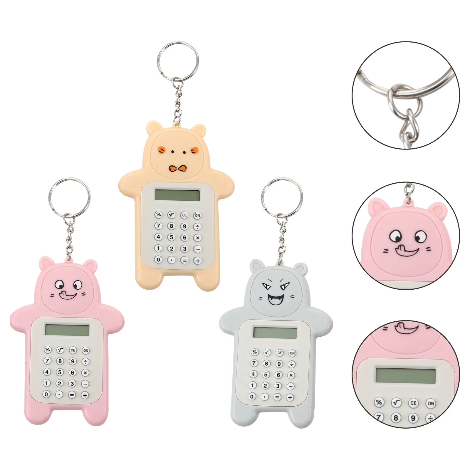 

3Pcs Mini Bear Design Electronic Calculator with Keychain Fastener Compact Battery Powered Calculator for Study Office Daily Use