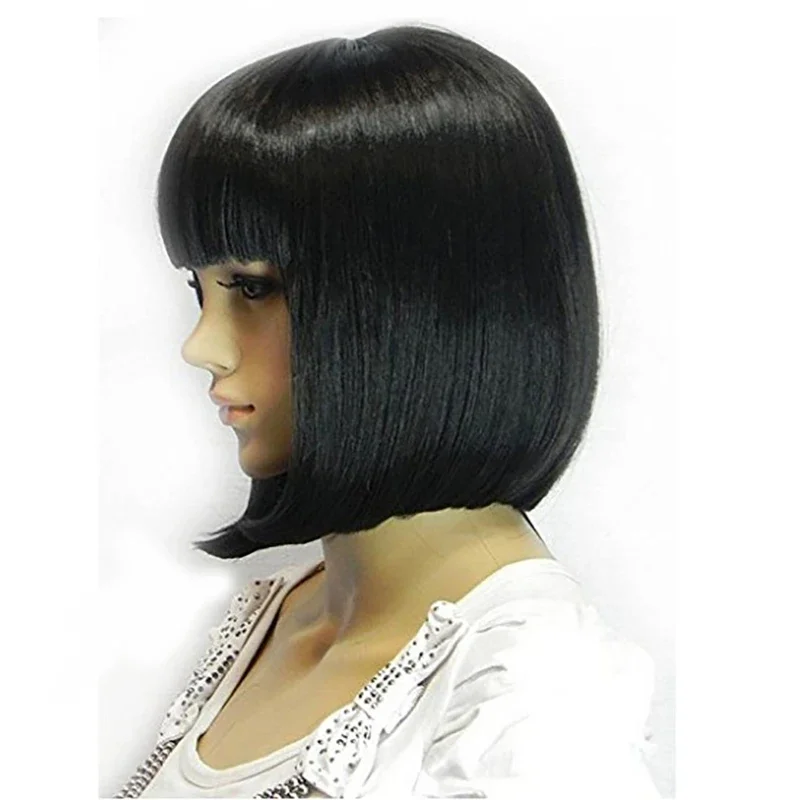 Straight Black Synthetic  Hair Wigs Full Bangs for Women  Bob Wig Heat Resistant bobo Hairstyle Cosplay wigs