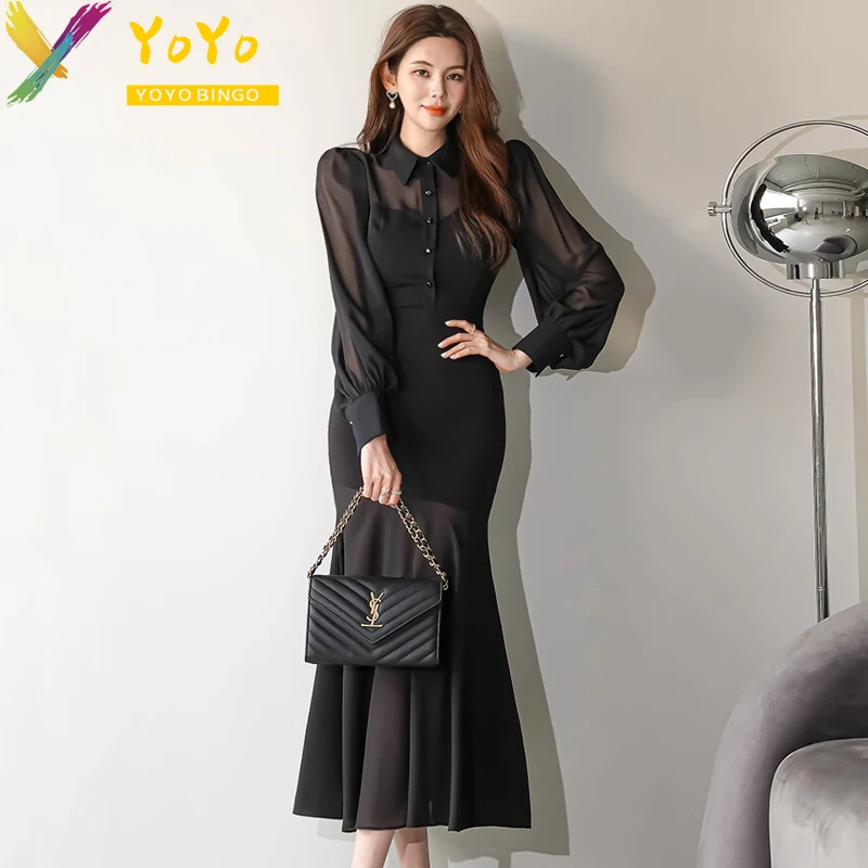 Elegant Formal Black Lapel Long Sleeve Fishtail Shirt Dress 2024 Autumn/Winter Luxury Temperament Slim Fit Chic Work Dress