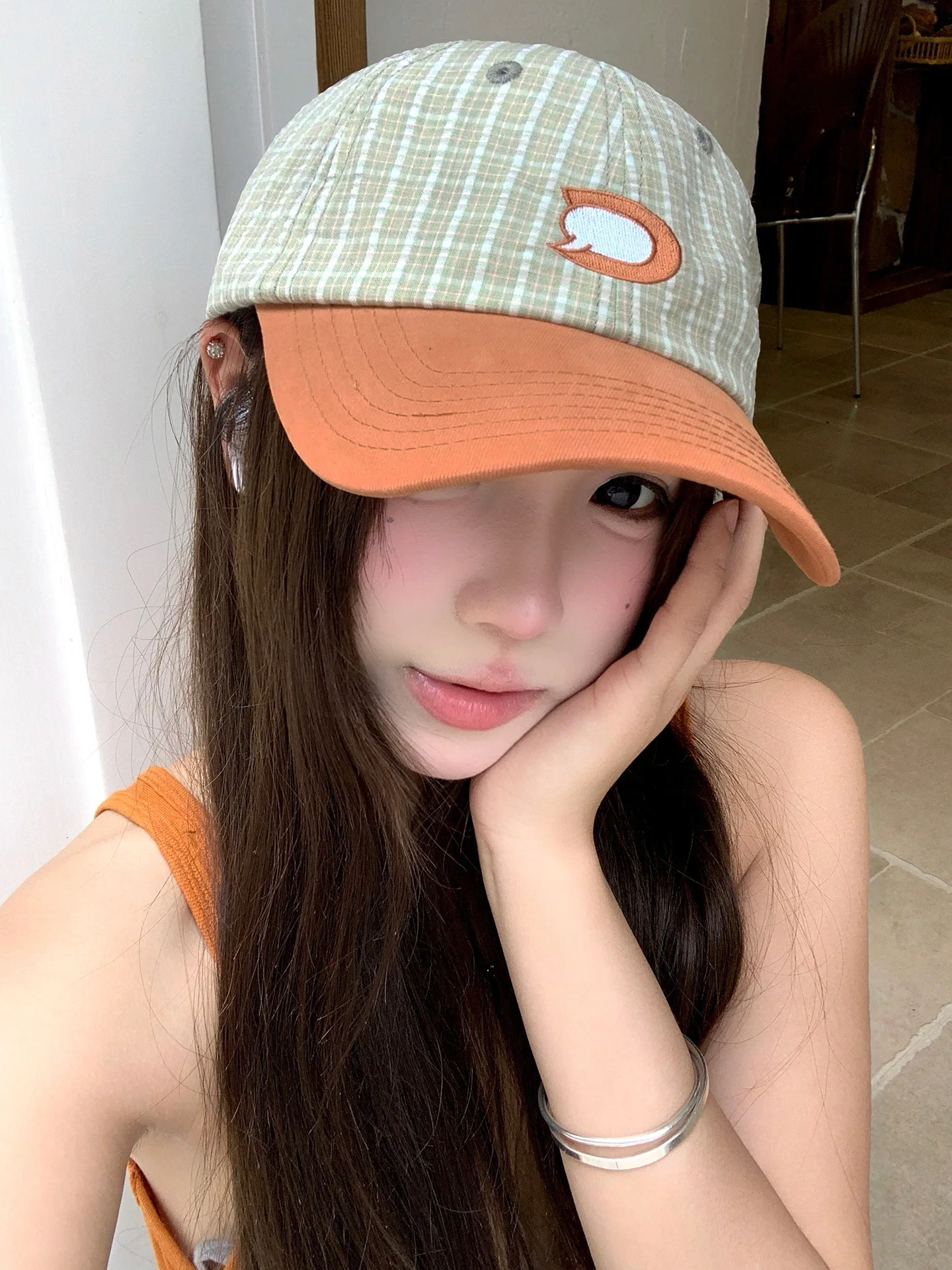 Retro Patchwork Embroidered Plaid Baseball Cap Women's Spring Summer New Style Versatile Large Head Circumference Face Slimmi...
