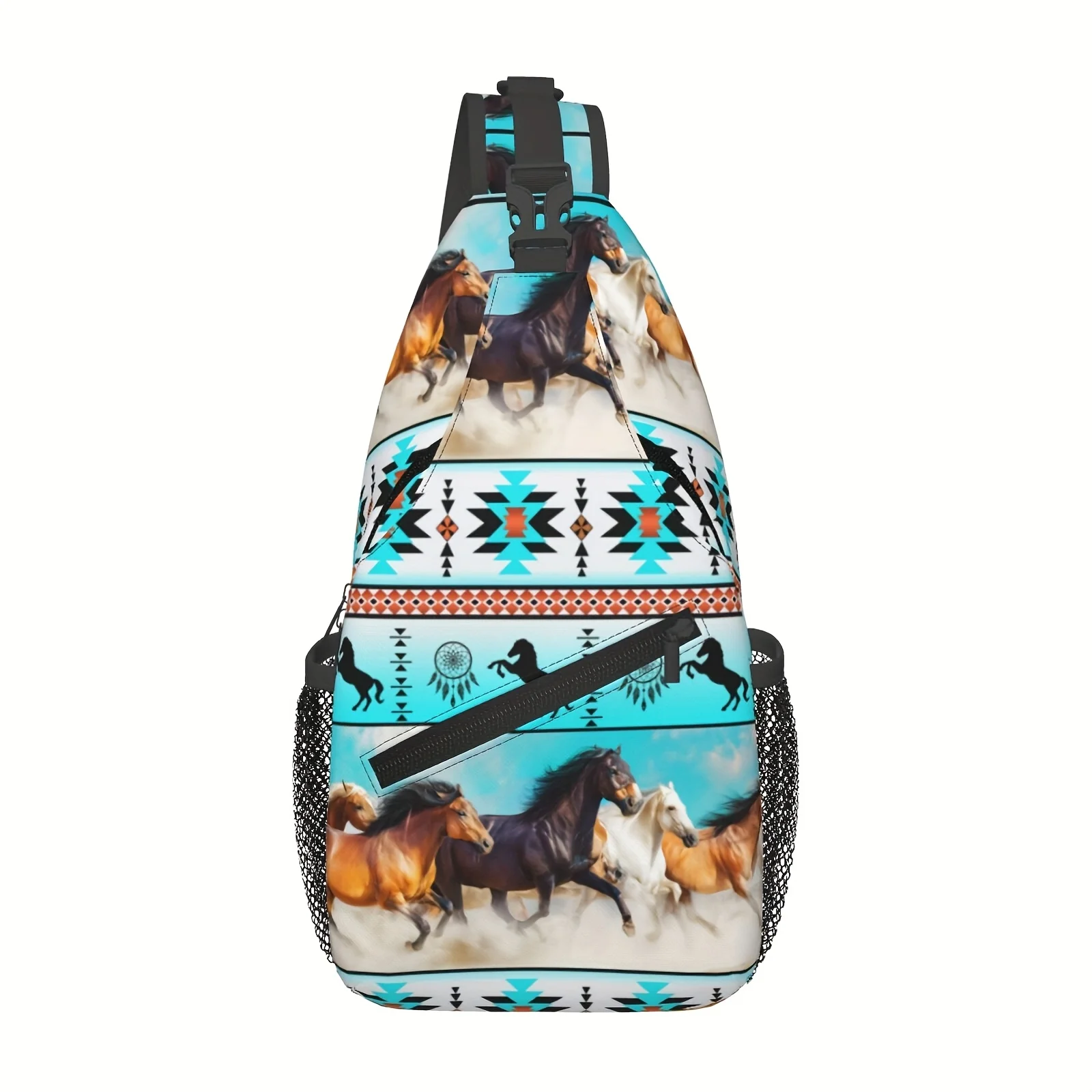 Southwest Tribal Horse Print Crossbody Chest Backpack - Large Capacity Hiking Pack with Southwest Cowboy, Suitable for School