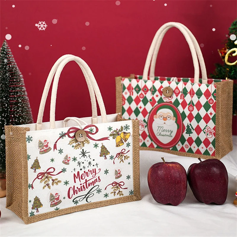 Christmas Tote Bag Santa Claus Prints Large Capacity Jute Handbag Female Eco-Friendly Shopping Christmas Gift Handbag