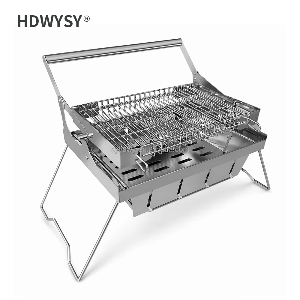 Foldable Stainless Steel Camping Charcoal BBQ Grill with Rotisserie Rack, Portable Tabletop Barbecue Grill for Outdoor Picnic