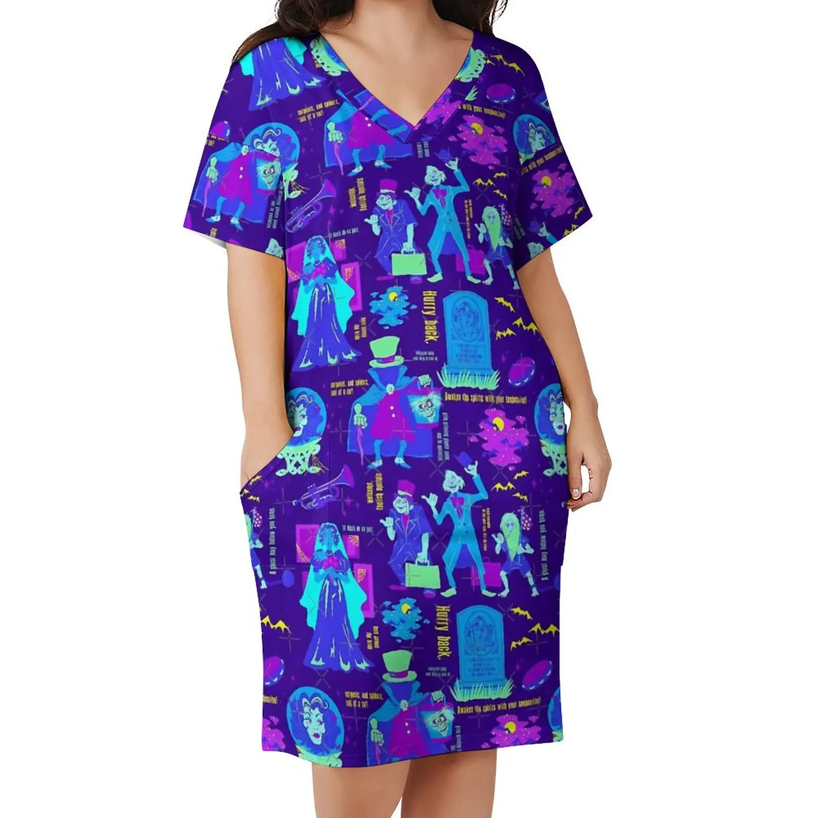 

Haunted Mansion Dress Short Sleeve Happy Haunts Kawaii Dresses Ladies Streetwear Graphic Casual Dress With Pockets Big Size