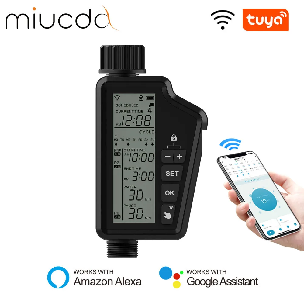 MIUCDA-Tuya WiFi Smart Watering Timer, Home and Outdoor Garden, Outil d'irrigation automatique, Télécommande pour Alexa, Google Home