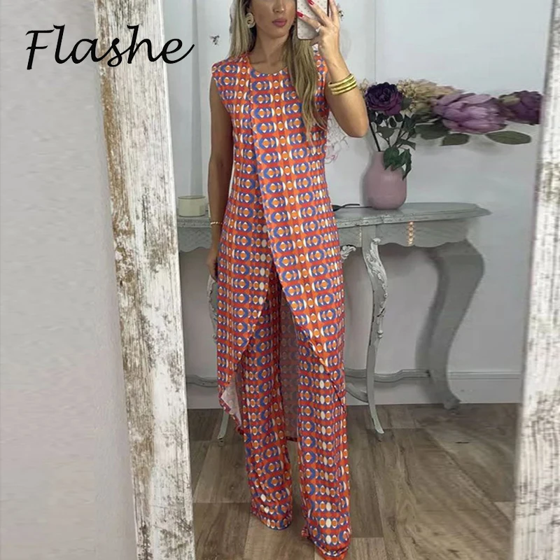 Summer Women Two Piece Set Vintage Print Sleeveless Long Shirt High Waist Pants Suit Female Casual Holiday Outfis