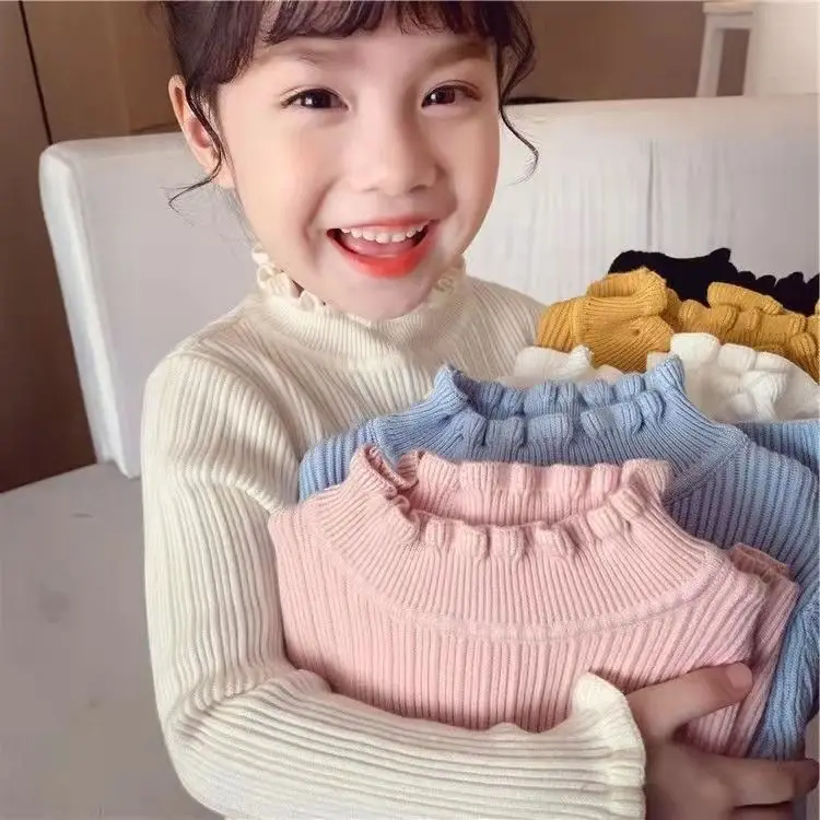 Girls' Mid-high Neck Sweater Mullet Edge Bottoming Clothes Little Girl Winter Sweater Knitted Underwear Tops