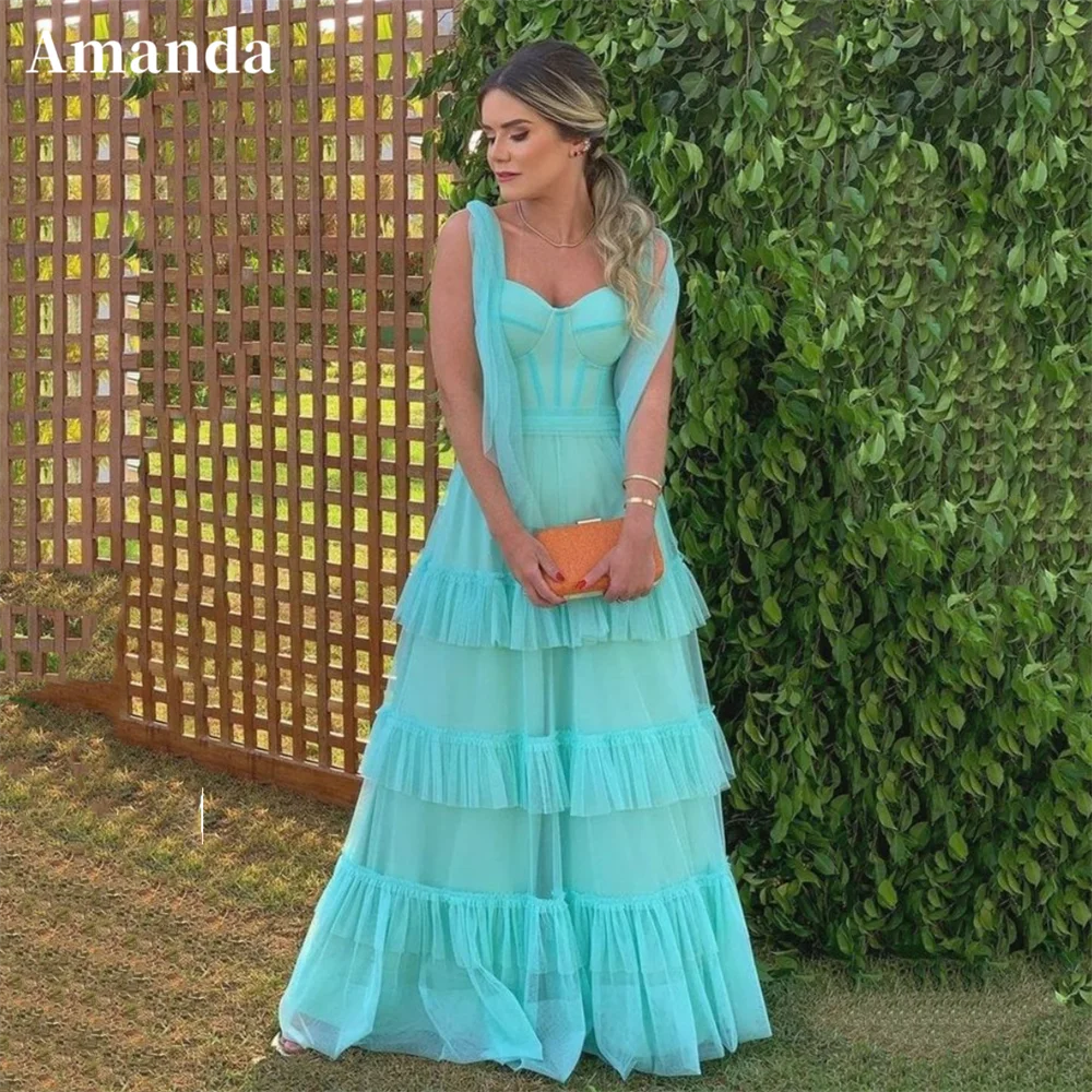 

Amanda Elegant Spaghetti Strap Vestido De Novia Sexy Multilayer Prom Gown Prom Dress Grace Fluorescent Blue فساتين السهرة