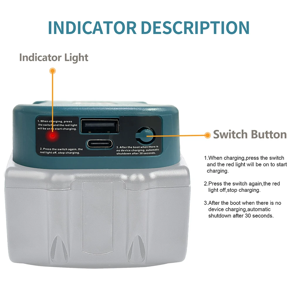 USB-Schnellladeadapter für Makita 18 V Li-Ionen-Akku-Rack-Halter, USB-Typ-C-Ausgang, Schnelllade-Schnittstelle