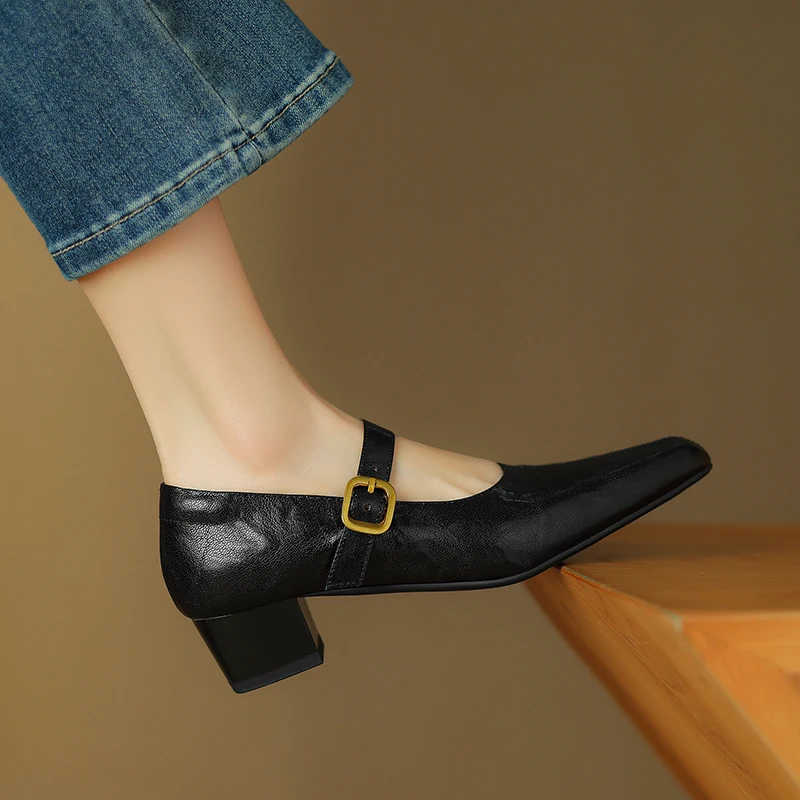 2024 New Women Pumps Genuine Leather Square Toe Buckle Strap Shoes Woman Thick Heels Spring Summer Basic Working Office Lady