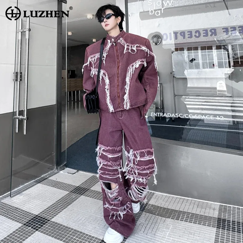 LUZHEN Denim Jacket Tassel Burr Design Hollow Baggy Straight Jeans Two-piece Sets Trendy High Street Men\'s Clothing 2024 LZ4935