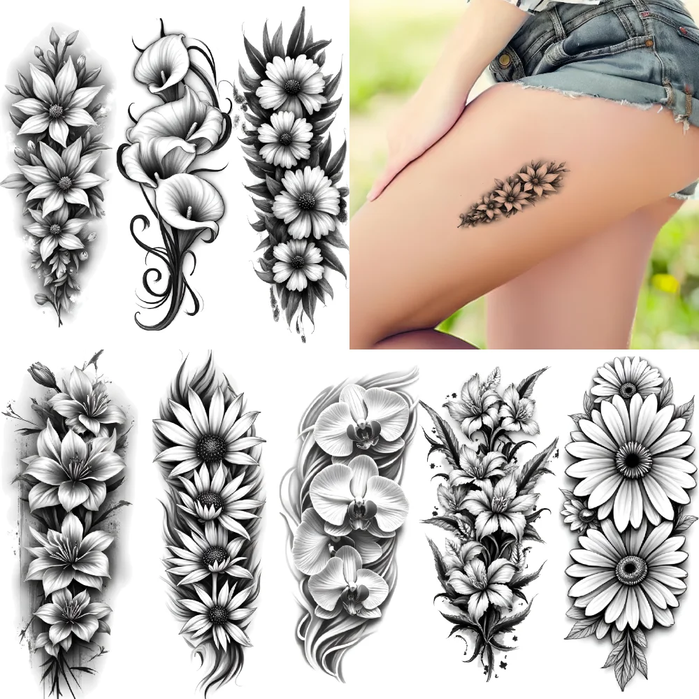 

12 шт., временная татуировка с узором лилии, водонепроницаемые, долговечные наклейки для тела, цветочный каскад, дизайн гибискуса для мужчин, взрослых, руки