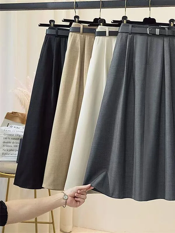 กระโปรงทรงเอไลน์สไตล์ญี่ปุ่น คอลเลคชั่นฤดูใบไม้ผลิ/ฤดูร้อน กระโปรงพลีทเอวสูงสำหรับผู้หญิง ผลิตจากเส้นใยโพลีเอสเตอร์ ช่วยปกปิดสะโพกและกระชับสัดส่วน