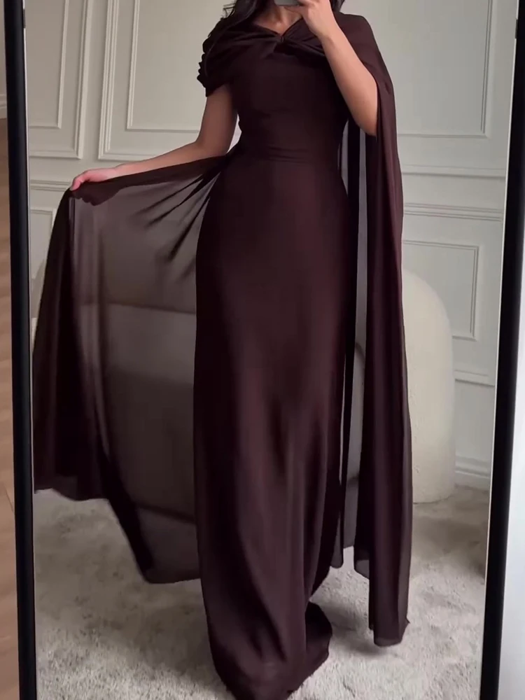 

Elegant Women High Waist Banquet Dress Spring Summer New Chiffon Maxi Dress Lady Solid Color Slim Ribbon Ruched Evening Dress