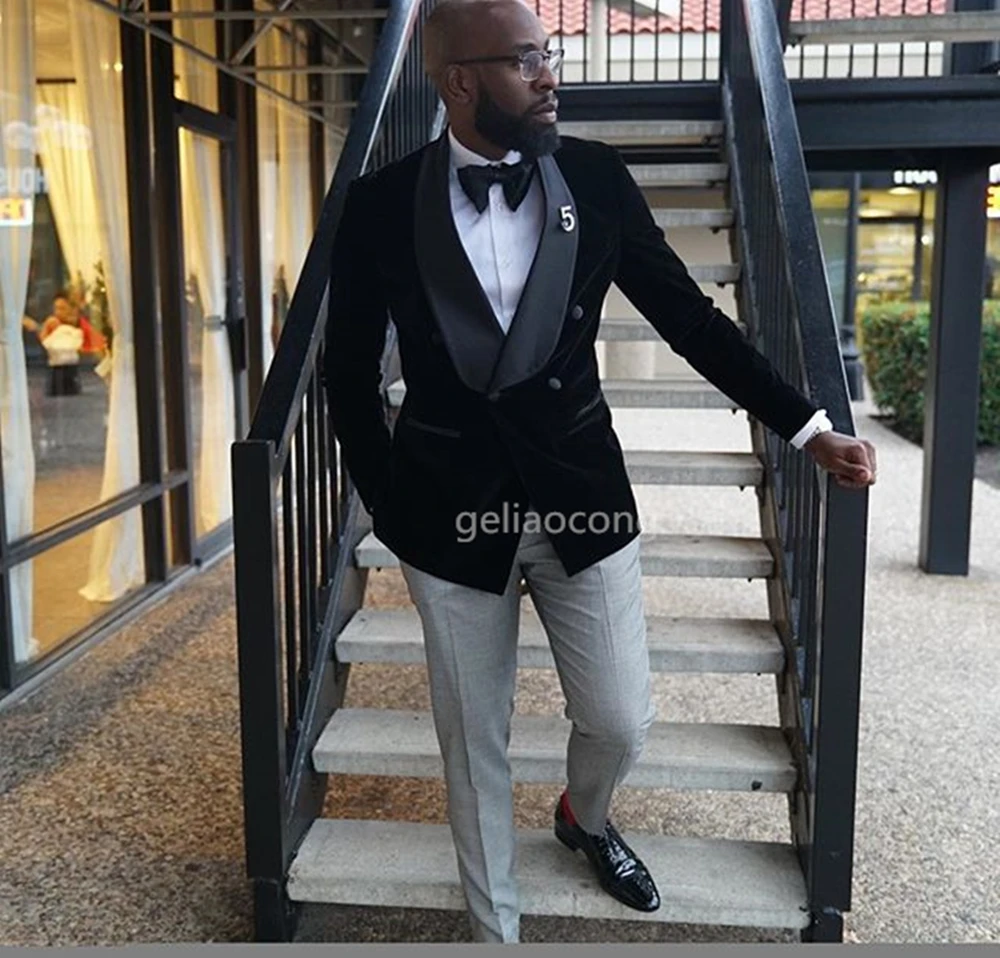 بدلات رجالية مخملية بقصة ضيقة فستان زفاف غير رسمي ذكي شال وطية صدر السترة سترة العريس البدلات الرسمية للأعمال 2 قطعة مجموعات (سترة + بنطلون)