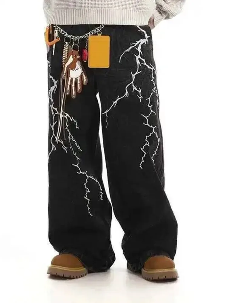 American Vintage Men's Trousers Niche Lightning Embroidered Washed Jeans High Street Loose Wide Leg Denim Pants 26RXG