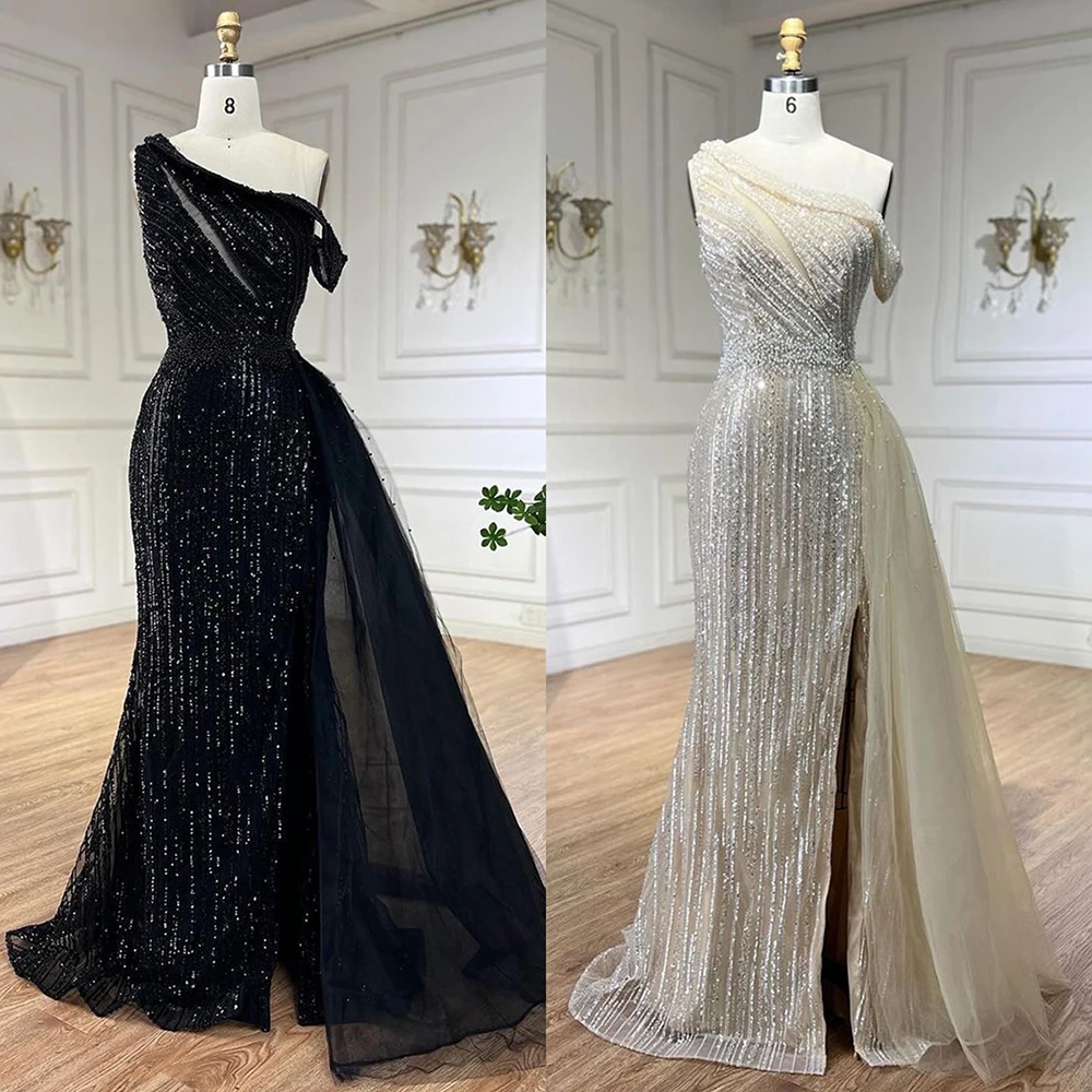 Serene Hill Yellow One Shoulder Black High Split Mermaid Beaded Evening Dresses Gowns For Wedding Party 2024 LA72424 Customized