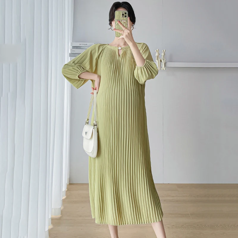 Pleated Pregnant Woman's Long Skirt O-neck Solid Color 5/4 Sleeves Loose Slim Dress Fashion Simple Breathable Comfort Dresses