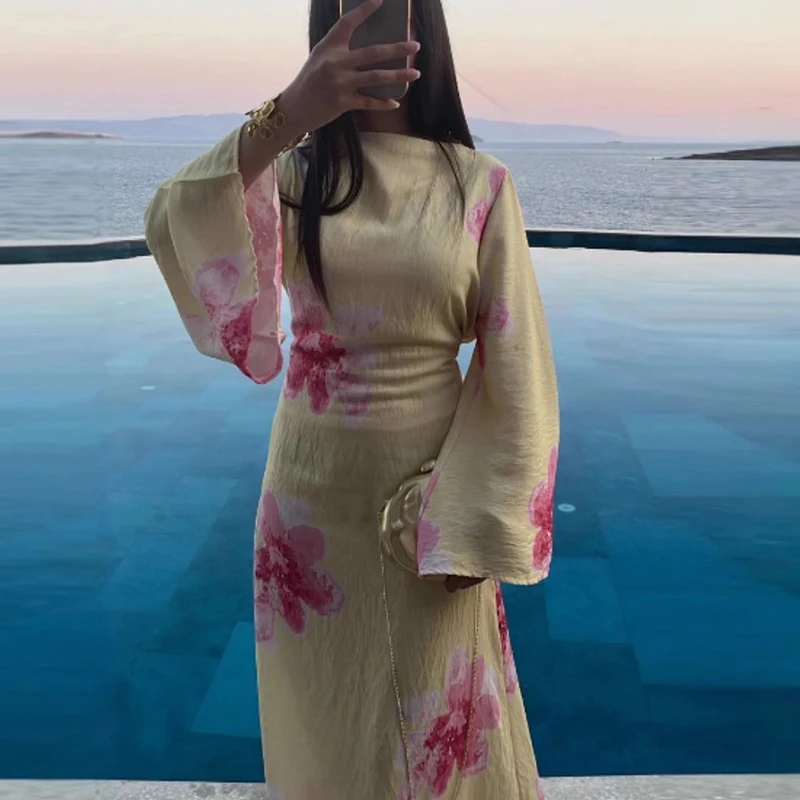 Jesienna Sukienka Damska Casual z Nadrukiem Boho Dekolt O Długi Rękaw Kwiatowa Żółta Sukienka Plażowa Wakacyjna Sukienka Damska na Imprezę Letnia