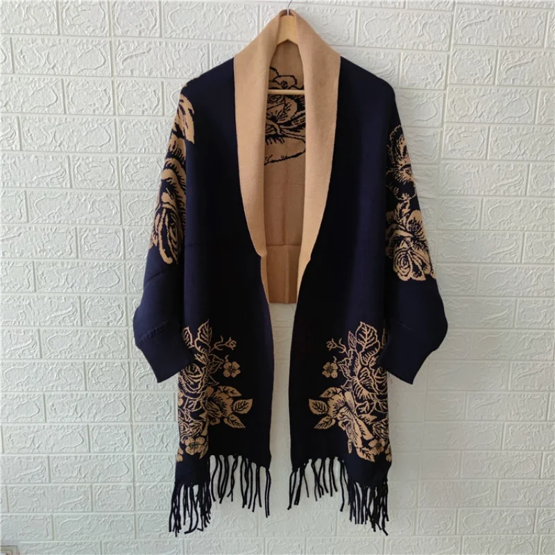  2023 Autumn and Winter New Imitation Cashmere Tassel Shawl Female Peony Flower for Cheongsam All-Match Sleeved Cloak Scarf