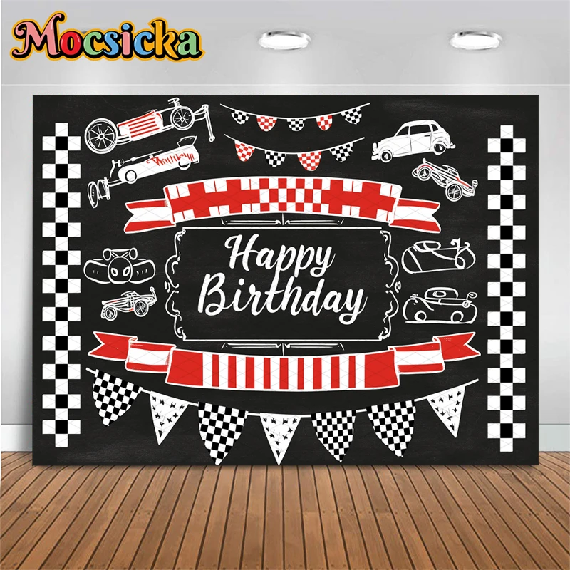 Mocsicka سباق السيارات عيد ميلاد سعيد خلفية استحمام الطفل خلفية التصوير أسود أبيض شبكة العلم ديكور استوديو راية التصوير الفوتوغرافي