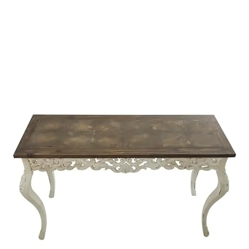 Rustic White Wood Console Table with Intricate Carvings Farmhouse Style 46