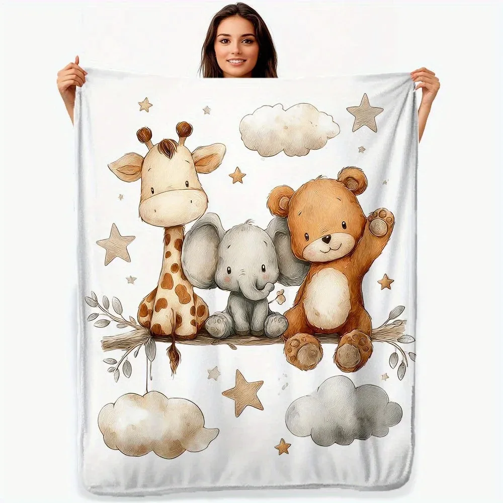 

Flannel Animal Print Blanket - Giraffe, Elephant, and Teddy Bear Pattern Blanket, Soft and Lightweight Bedding
