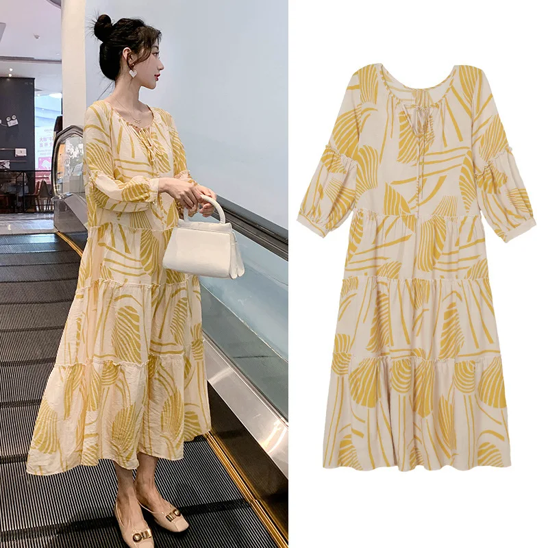 Yellow Color Beach Dress Seaside Holiday French Vintage Printed Puff Long Sleeve Dresses Super Fairy Women Loose Long Dress