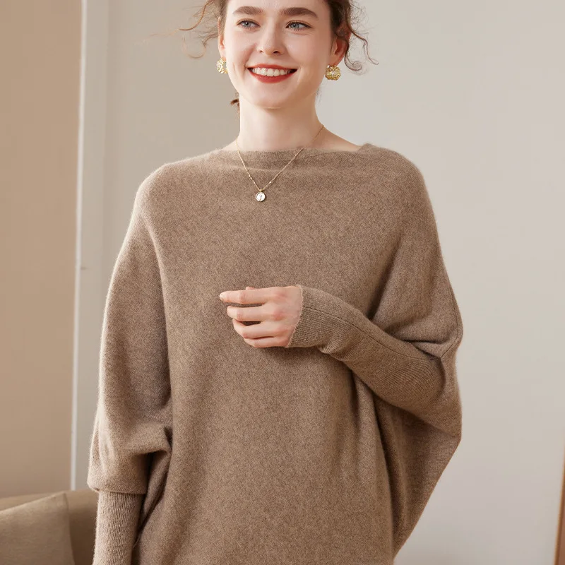 

Boat Neck DOLMAN SLEEVE Solid Color Cashmere Cape Sweater for Women 2025 Autumn/winter Loose Casual Pullover Knitted Sweater
