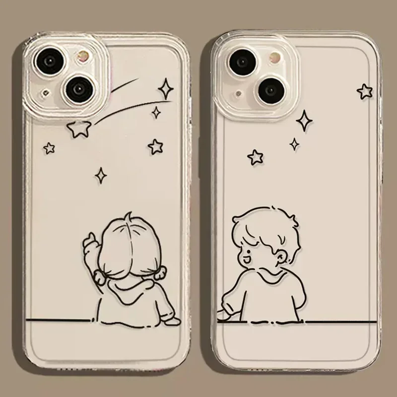 Etui na telefon Heart Couple Paired do iPhone 15 16 14 12 11 13 Pro Max Plus Mini SE Soft Lovers Transparent Cover Fundas Coque Skin