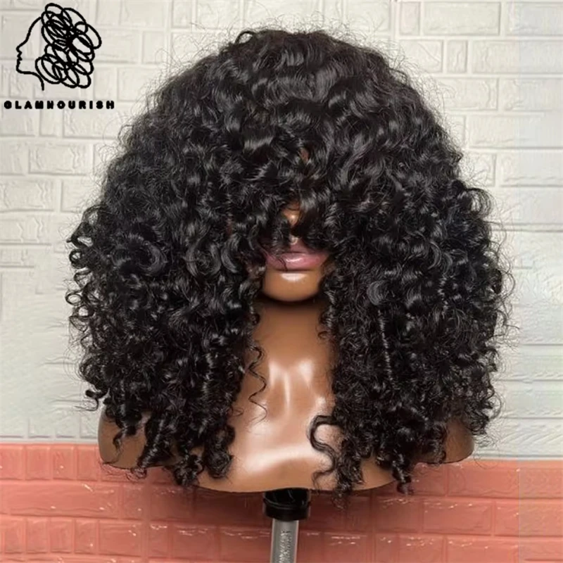 Curly Human Hair Wig With Bangs Brazilian Remy Funmi Short Bob Curly Wigs 180% Density Wig Water Wave Wig Natural Black