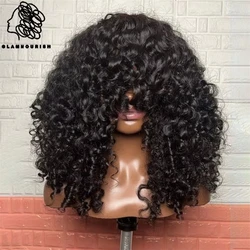 Peluca de cabello humano rizado con flequillo brasileño Remy Funmi pelucas rizadas de Bob corto peluca de densidad 180% peluca ondulada de agua negro Natural