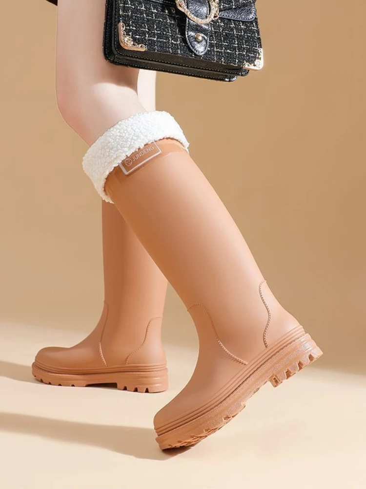 

Korean Style Women's Low Heel Knee High Rain Boots Waterproof Non Slip Fleece Lined Durable Hiking Boots for Adult Women