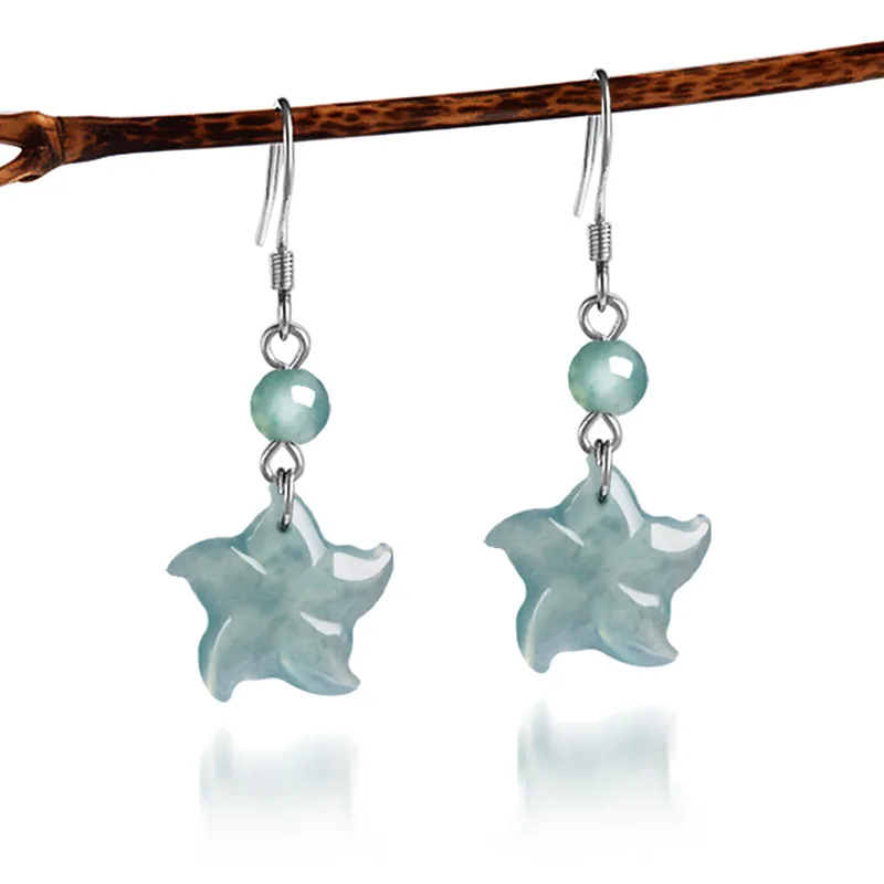 

Натуральные высококачественные серьги из нефрита А-класса с синей водой и морской звездой S925, серебряные серьги с инкрустацией из ледяного нефрита, серьги в античном стиле для женщин