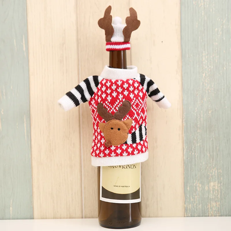 Hot sale 1 Set Cute Sweater Red Wine Bottle Cover Bags Santa Claus Dinner Christmas Table Decoration Clothes With Hats