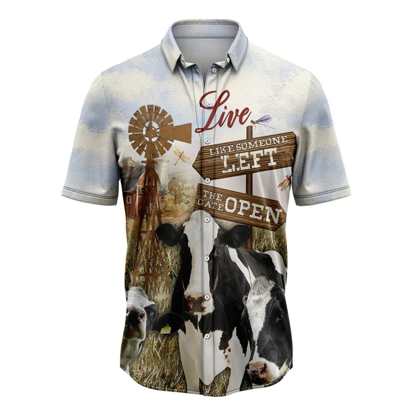 

Funny Cow Pattern Hawaiian Shirts For Men Summer Fashion Farm Animal 3D Printed Lapel Shirt Casual Oversized Button Blouses