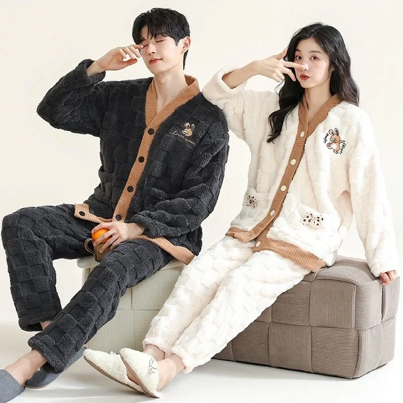 New Nightgown Autumn Winter Couple Pajamas Flannel Men Sleepwear Suit Women Thicken Warm Loungewear Coral Velvet Homewear Set