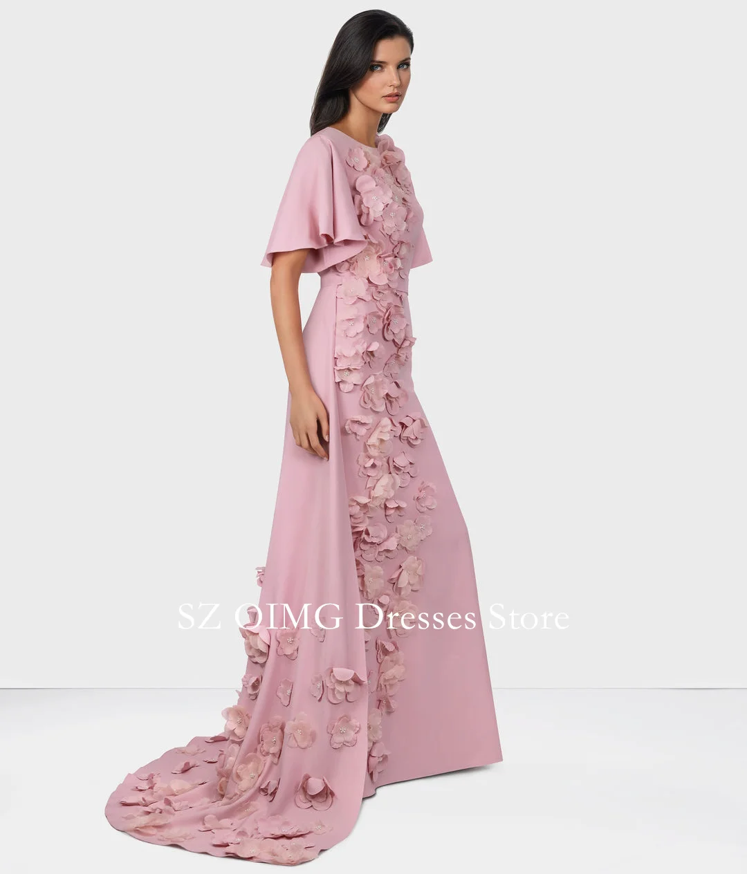 OIMG New Design O-Neck Pink Prom Dresses 3D Flowered Dress with Detachable Train Women Evening Gowns Formal Party Dress