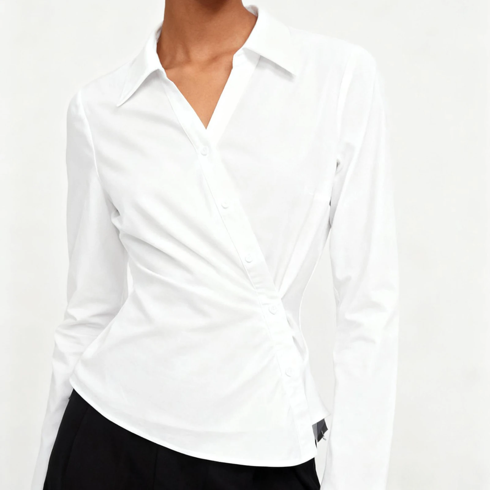 

Women Asymmetrical Shirts Fashion Blouse Female Long Sleeve Work Office Button Down Shirts Long Sleeve Wrap Front Tops Blouse