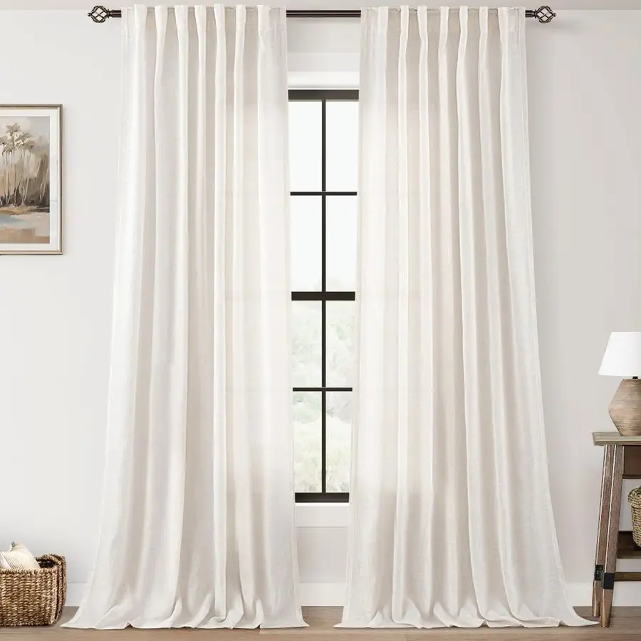 

Linen Curtain 92 inch Length 2 Panels Set Back Tab Light Filtering Living Room Curtain Drapes Home Office Modern Minimalist Deco