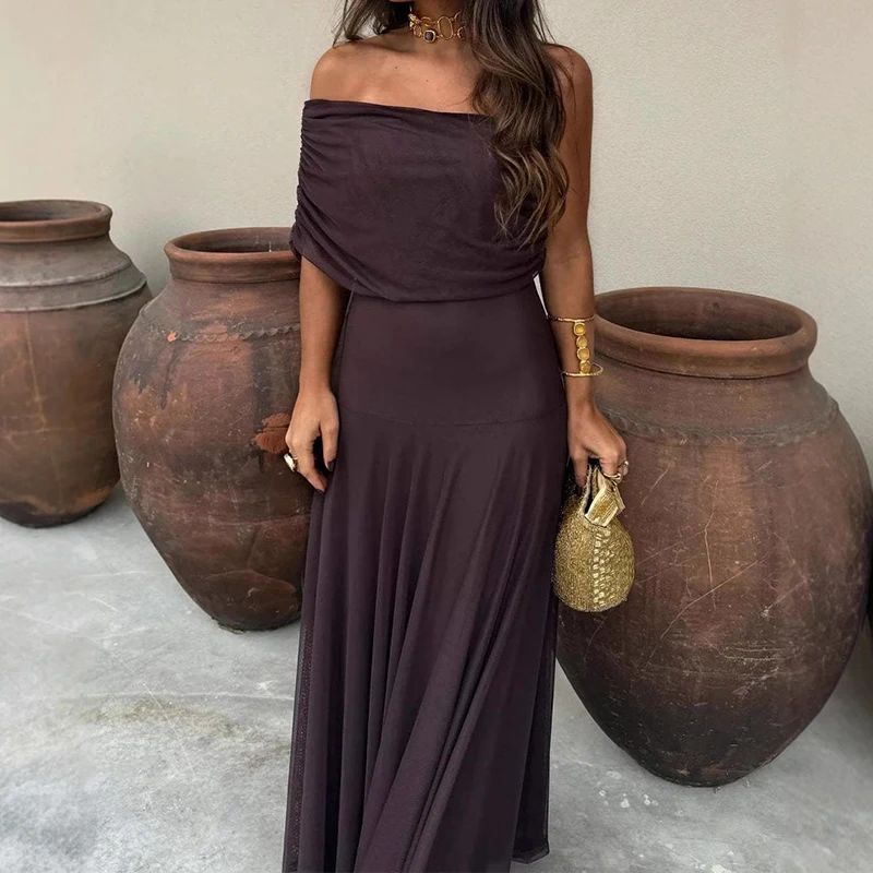 Elegante tubino monospalla abito lungo trasparente moda donna temperamento abito da festa sottile abiti maxi sexy senza spalline in tinta unita