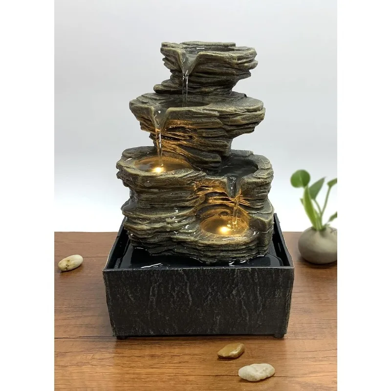 

Cascading Rock Tabletop Water Fountain with Natural River Rocks and LED Lights 9" Height (Power Cord Attached)