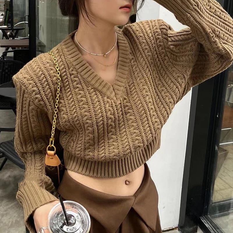 Autumn knitted Twist Sweaters Korean Fashion V Neck Women Cropped Sweater Casual Pullover Shoulder Padded Long Sleeve Tops 28836