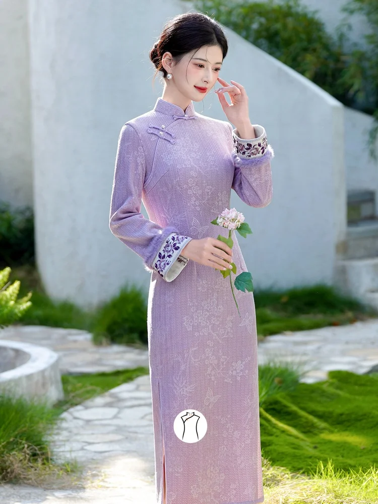 

Фиолетовое зимнее модное платье с флисовой подкладкой для молодых девушек, повседневное, винтажное, с длинными рукавами