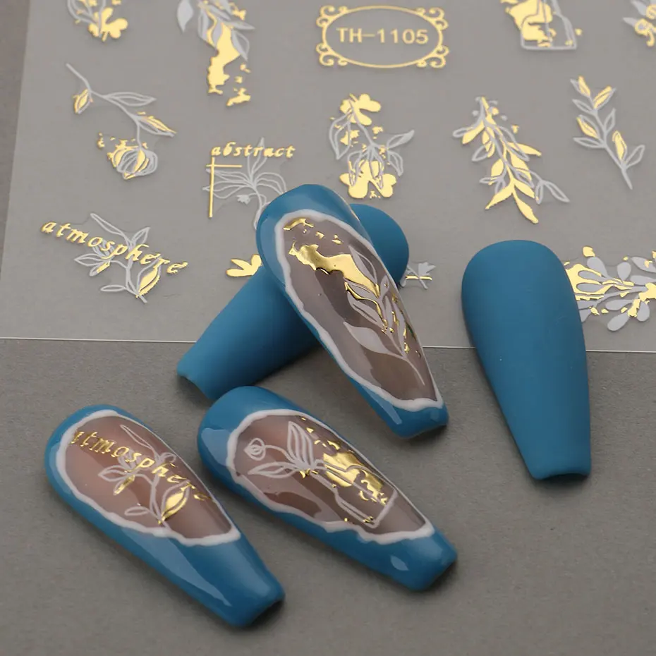 2 Stück 3D-Bronzing-Blätter-Aufkleber für Nägel, abstrakte Linien, Malerei, Abziehbilder, weiße Streifen, Blumen, selbstklebende Schieber, Dekoration