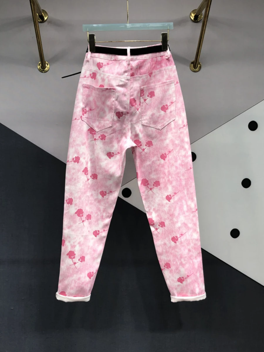 2023 Spring New Pink Flower Tie-Dyed Denim Trousers Women Sweet All-Match High Waist Slimming Harem Jeans Pants High Street