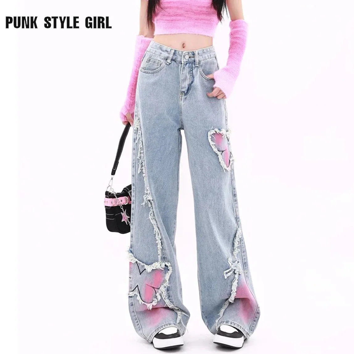 

2024 Vintage Cowboy Women's Blue Baggy Butterfly Jeans Pants Harajuku Denim Trousers Aesthetic Y2k Oversize Trashy 2000s Clothes