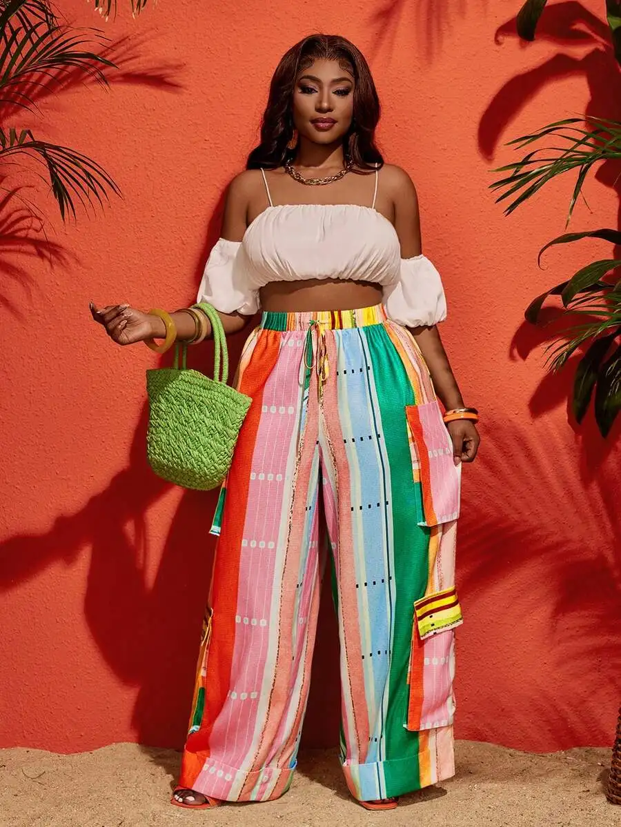 2025 Spring/Summer New Music Festival Elegant African Striped Patchwork Print Linen Cargo Pants For Plus Size Women