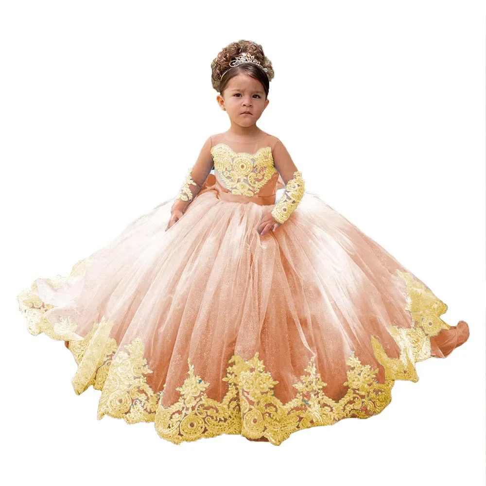 

Ball Gown Wedding Flower Girl Dresses Toddlers With Bow Full Sleeves Golden Lace Pageant Dress Sparkly First Communion Gowns