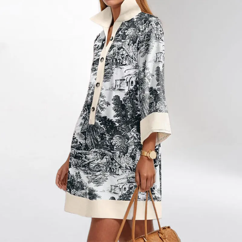 

2025Women's Spring Winter New Fashion Casual Ink Print Turn-down Collar Short SleeveAWomen's Word Dress